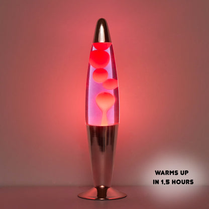 Urban Shop, 16" Rose Gold LED Motion Volcano Lamp, Pink Wax in Pink Liquid, Chrome Metal Base