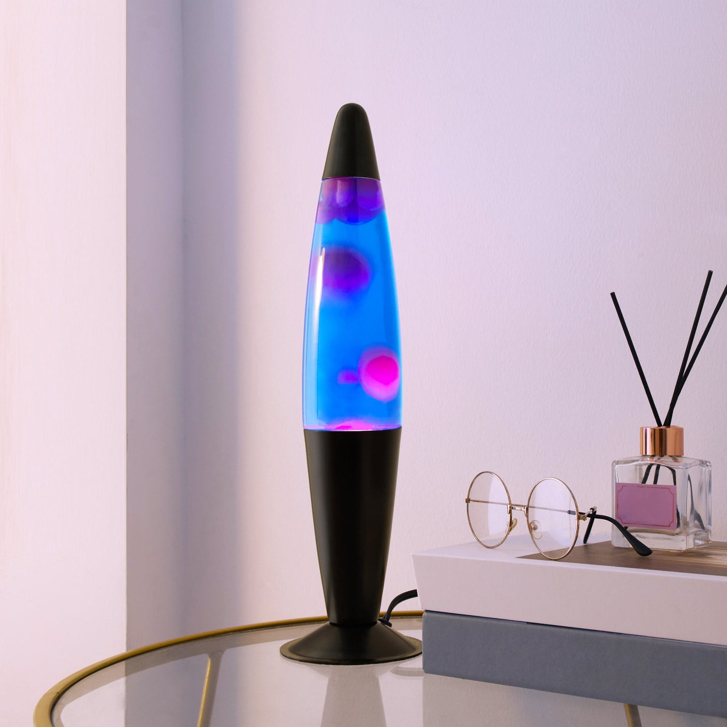 Urban Shop, 16" Rose Gold LED Motion Volcano Lamp, Pink Wax in Pink Liquid, Chrome Metal Base