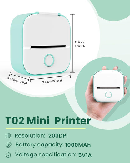 Phomemo Mini Printer - Sticker Printer T02 Portable Inkless Sticker Maker Bluetooth Mobile Printer for Study Study Notes Kids Gift Photos Journals(Green)