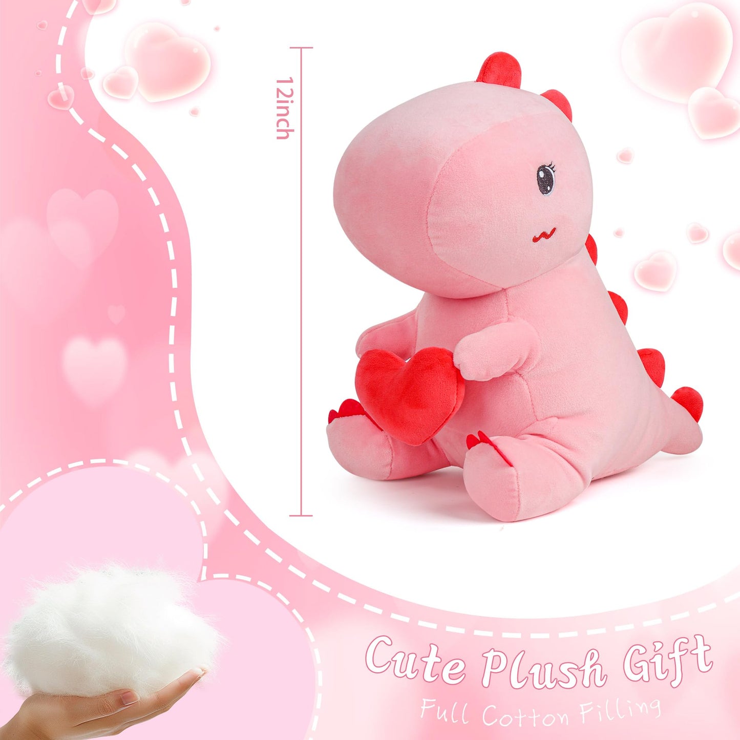 Pink Dinosaur Plush Toy 12 Inch Dinosaur Stuffed Animal Cute Dino Plush with Love Heart Valentine's Day Gift for Girlfriend/Boyfriend