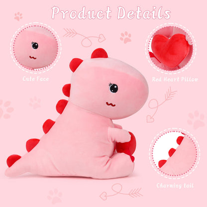 Pink Dinosaur Plush Toy 12 Inch Dinosaur Stuffed Animal Cute Dino Plush with Love Heart Valentine's Day Gift for Girlfriend/Boyfriend