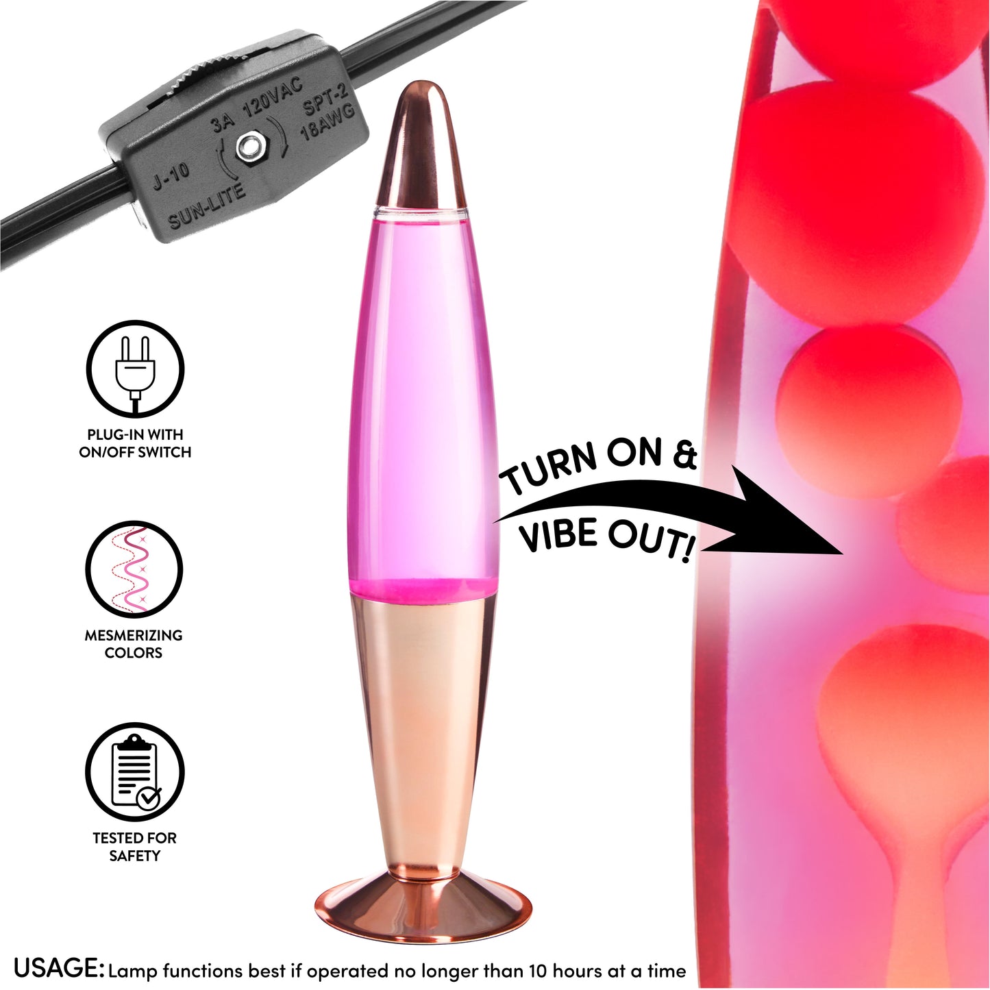 Urban Shop, 16" Rose Gold LED Motion Volcano Lamp, Pink Wax in Pink Liquid, Chrome Metal Base