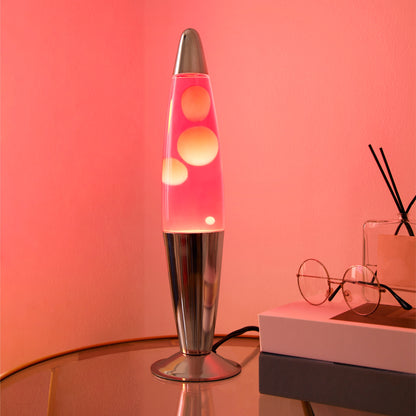 Urban Shop, 16" Rose Gold LED Motion Volcano Lamp, Pink Wax in Pink Liquid, Chrome Metal Base