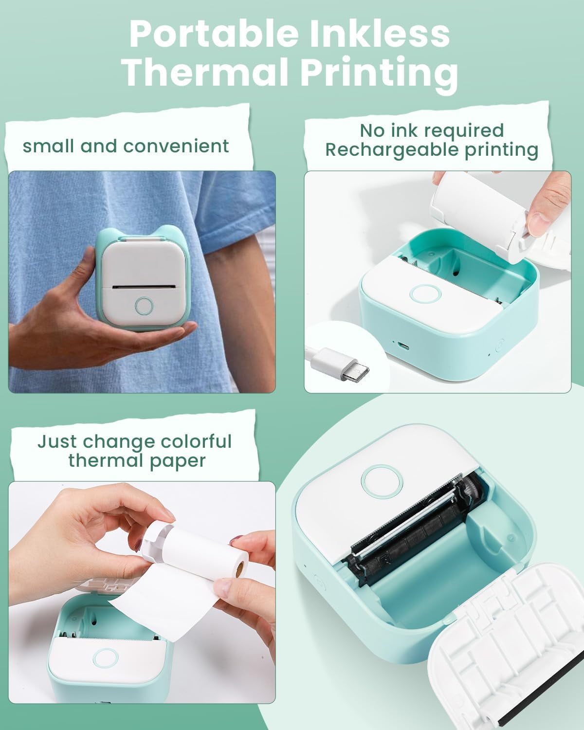 Phomemo Mini Printer - Sticker Printer T02 Portable Inkless Sticker Maker Bluetooth Mobile Printer for Study Study Notes Kids Gift Photos Journals(Green)